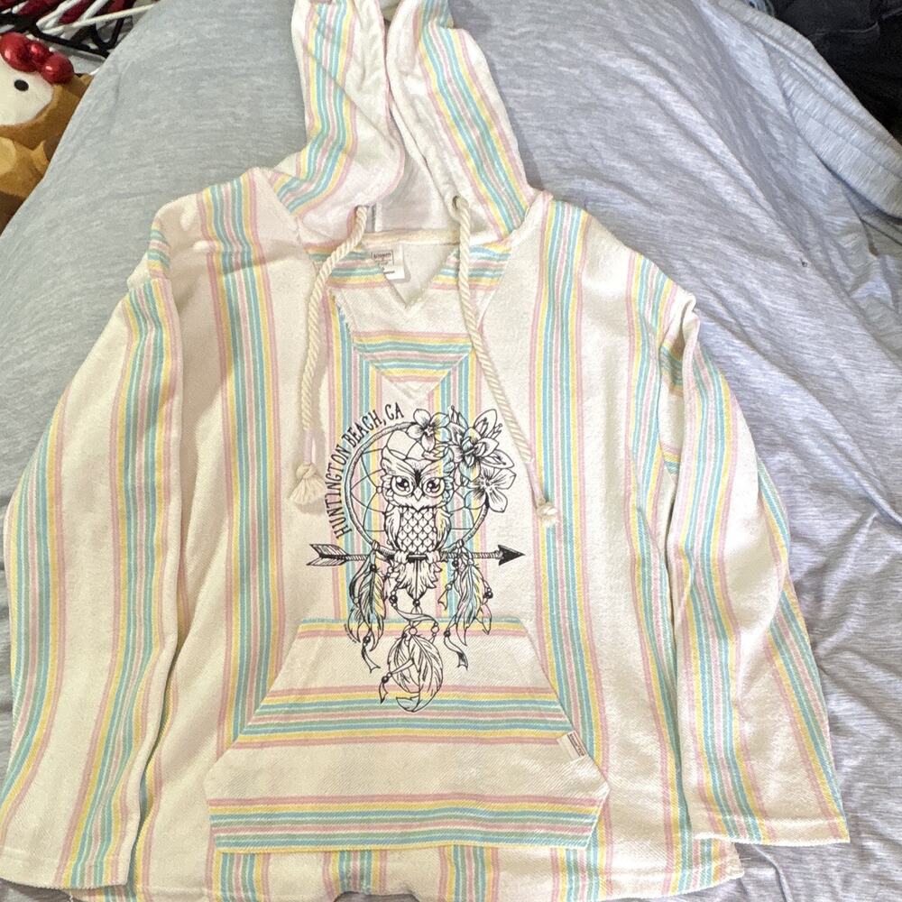 Bloom + Pop Women’s S Striped Pullover Hoodie Owl Graphic Huntington Beach CA